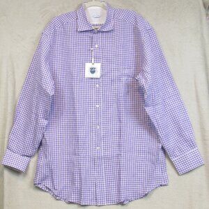 NWT Luigi Baldo Italian Linen Purple White Gingham Pocket XXL Button-Up Shirt